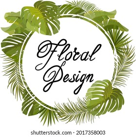 Frame with leaves and text.Design frame with tropical leaves and text on white background in vector illustration.
