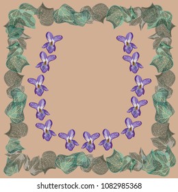 Frame of leaves and violets. In the center there is a place for text. For decoration and design. Can be used as a postcard, flyer, poster