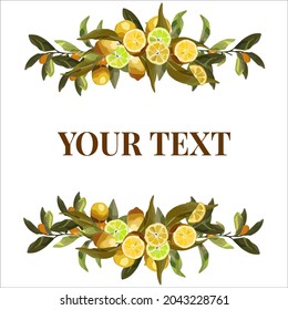 Frame of lemon branches. Vector border for lemonade labels, summer designs, summer cafes, summer menus, banner ad. Corner of lemon branches. Vector template