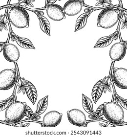 Frame with lemon branches. Vector graphic illustration of citrus fruits. Black and white hand drawn image. On a white background. Great for flyers, labels, recipe posters, stickers and packaging.