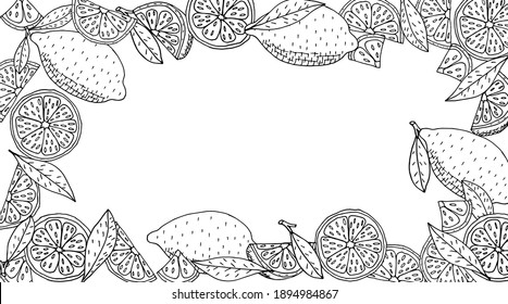Frame of lemon fruit hand drawn in black with white colors. Place for text. Vector illustration. 