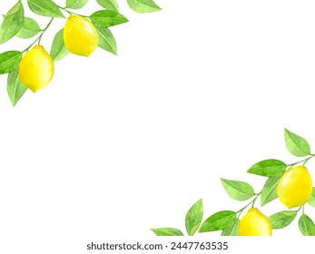 Frame of lemon with leaves painted by watercolor