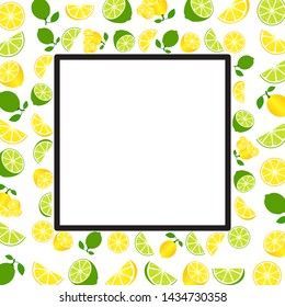 Frame  Lemon and lime fruits on pink background. Lemon and lime Fruit Frame Empty in center template. Vector illustration.