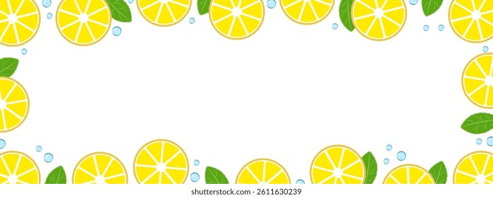 Frame with lemons and mint leaves on a white background. Banner