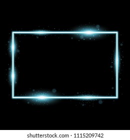 Frame with light effects, laser square with sparks on black background, light effect, aqua color