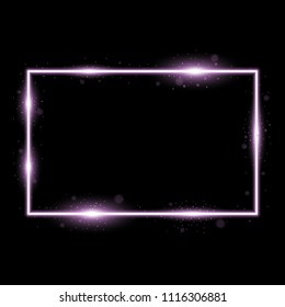 Frame with light effects, laser square with sparks on black background, light effect, purple color