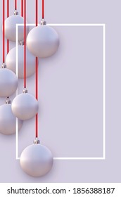 Frame with light purple christmas tree balls hanging on red ribbons. Space for text. Vector holiday illustration.