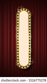 Frame with light-bulbs on red curtain. 3d view of glowing empty shape, bright signboard, advertising or presentation element, card vector. Red curtain theater background