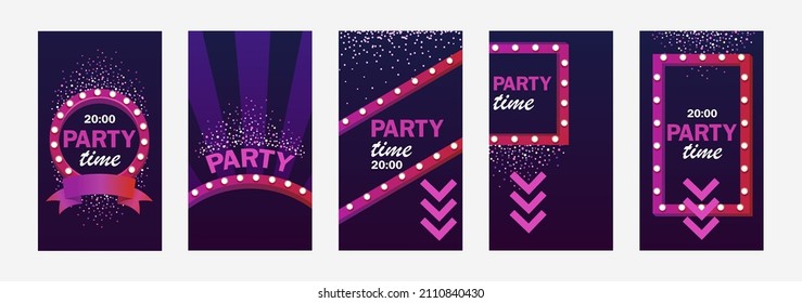 Frame with lights for a party. Vintage scenery with light bulbs for advertising cinema, theater, casino. Set of templates for banners, stories, flyers, brochures, posters. Vector illustration. EPS 10 