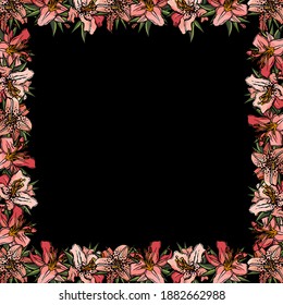 Frame of lilies, black background, cartoon style, banner, poster, invitation, postcard, card, empty space, text space, advertising, signboard, greetings, botanical, for text, wedding, flowers, leaves
