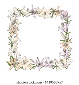 Frame with Lily flower, bud and leaf. Hand drawn illustration. Vector image in sketch style.