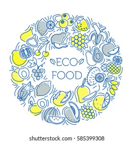 The frame of the line of icons of fruits and berries. Eco, organic and vegan food.