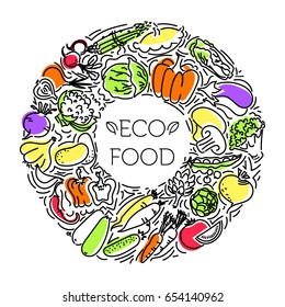 The frame of the line of icons of Vegetables and herbs. Eco, organic and vegan food. Outline icon with elements for mobile concepts and web apps. Line and flat style icon. Vector sign.