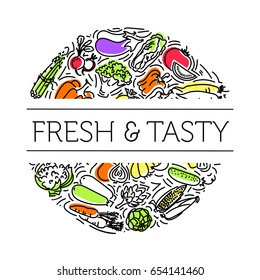 The frame of the line of icons of Vegetables and herbs. Eco, organic and vegan food. Outline icon with elements for mobile concepts and web apps. Line and flat style icon. Vector sign.