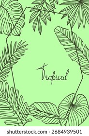 Quadro com folhas de palmeira lineares. Imagem decorativa de folhagem tropical e plantas.