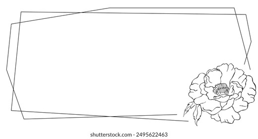 Frame with linear peony Vector isolated illustration on white background Doodle style holiday card Elegant single line drawing Printable invitation and greeting card