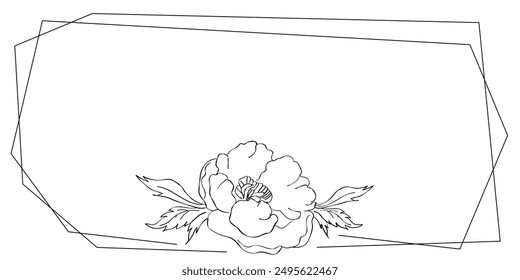 Frame with linear peony Vector isolated illustration on white background Doodle style holiday card Elegant single line drawing Printable invitation and greeting card