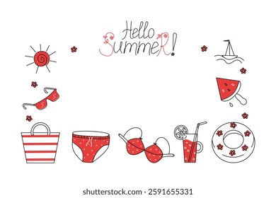  Frame, linear summer icons. Hello Summer slogan. Hand drawn lettering, calligraphy. Set of beach accessories, doodle drawings. Summer vacation by the sea. Vector illustration on isolated background.