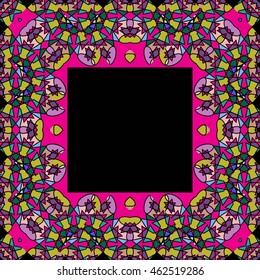 A frame of lines, abstract, floral, vintage pattern square frames on a black background.