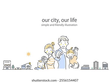 A frame of a lively family of four and a cityscape. Simple and stylish line drawing illustration