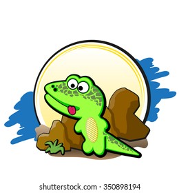 Frame with Lizard near a stone. Cartoon vector illustration. Grouped for easy editing.
