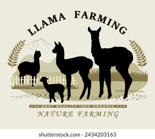 Frame with llama and alpaca farm objects silhouettes and text for product labels. Vector illustration.	