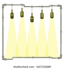 Frame in loft style. Decorative metal pipes with lamps made of bottles. Decor of  bar, night club, pub. Craft, handmade. Template for banner, sign, postcard, ad. Cartoon illustration isolated on white