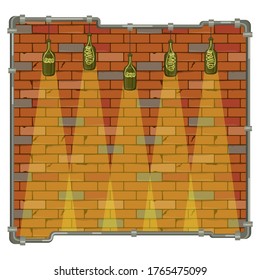 Frame in loft style. Decorative metal pipes with lamps made of bottles against brick wall. Decor of  bar, night club, pub. Craft, handmade. Template for banner, sign, postcard. Cartoon illustration