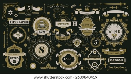 Frame logo. Ornament element, label wine decor. Ribbon banner retro. Sign border antique. Design vector badge of rum. Text flourish scroll. Flourish template