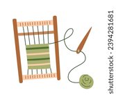Frame loom weaving icon, weaving coasters and place mats on frame loom, handmade home decor vector illustrations, doodle tools for tapestry, isolated colored clipart on white background