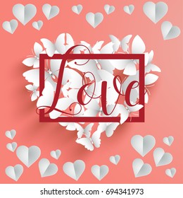 frame and love white butterfly. vector illustration of love. love surrounds. paper art style