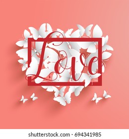 frame and love white butterfly. vector illustration of love with red frame and white butterfly. paper art style