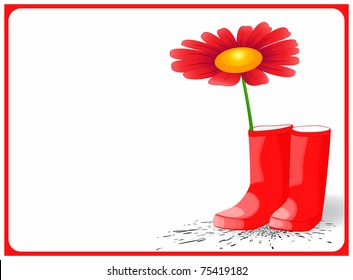 Frame with are in the lower right corner of the red rubber boots standing on a spray of dirt and a flower inside