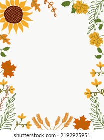 A frame made of autumn elements. Vector template of leaves, berries, sunflower. Simple cartoon flat style.