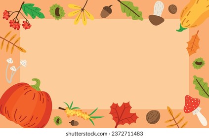 Frame made of autumn natural decor on orange background. Banner 