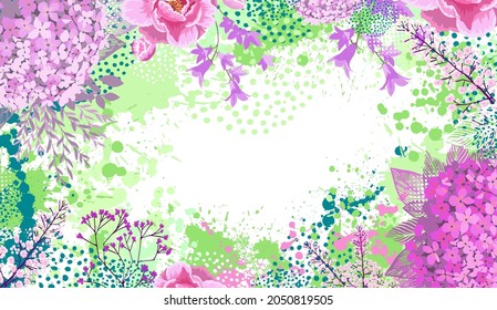 Frame made of beautiful flowers. Horizontal floral card. Vector illustration
