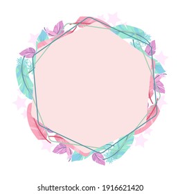 Frame made of bird feathers, beautiful  and stars. Pattern in pastel colors. Vector illustration isolated on white background.