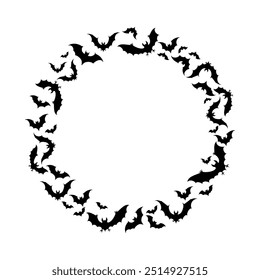 frame made of black bats. silhouettes of bats of different sizes fly in the shape of a round border. vector illustration isolated on a white background.