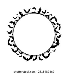 frame made of black bats. silhouettes of bats of different sizes fly in the shape of a round border. vector illustration isolated on a white background.