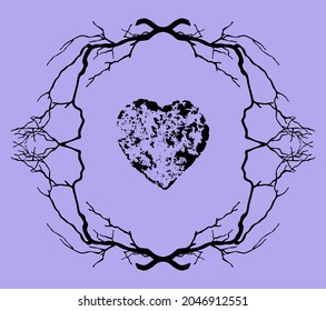 Marco hecho de siluetas negras vectoriales de ramas secas viejas con un corazón en el centro. Ilustración vectorial aislada en un fondo morado. Para la decoración de halloween.