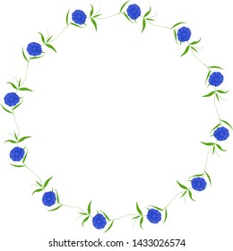 Frame made of blue flowers and leaves in circle on white background. Floral round border. Vector illustration. 