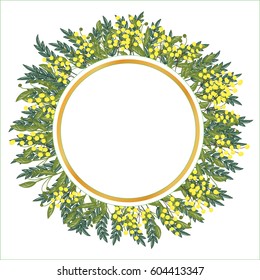 A frame made of branches of mimosa and green leaves. White area for text with gold trim. Vector illustration can be used in the newsletter, brochures, postcards, tickets, advertisements, banner. 