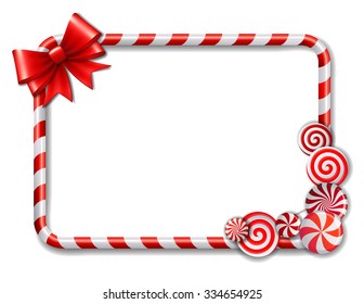 Frame made of candy cane, with red and white candies and red bow. Vector illustration