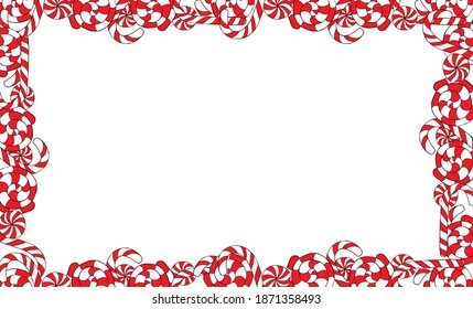 Frame made of caramel, striped red-white candies. Lollipops and candycane hand drawn with a dark outline. 