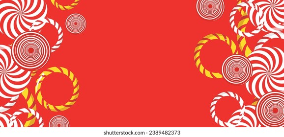 A frame made of a Christmas candy cane in red and white stripes. An empty new year's template. Vector illustration isolated on a red background.