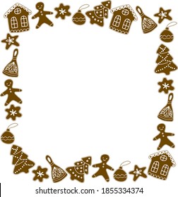 Frame made of Christmas elements. Gingerbread. Vector. Cartoon. Gingerbread cookies in the form of Christmas trees, a house, snowflakes and toys. Suitable for postcards, invitations, space for text.