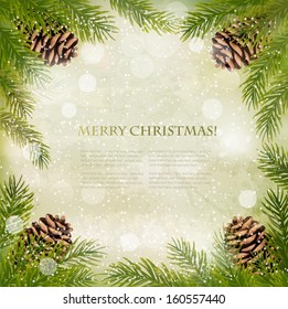 Frame made of christmas tree branches with pine cones. Vector.