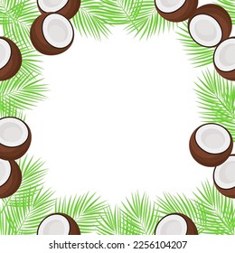 Frame made of coconut and leaves. Vector blank template for decoration, design. Flat style.