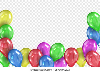 Frame made of colored gel balloons isolated on transparent background. Colored balloons for birthday or party. Vector illustration
