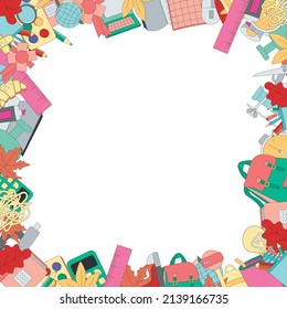 Frame made of colored stationery and school supplies on a white background. For posters and announcements. School supplies. Ready for school stuff. Back to school. Vector illustration